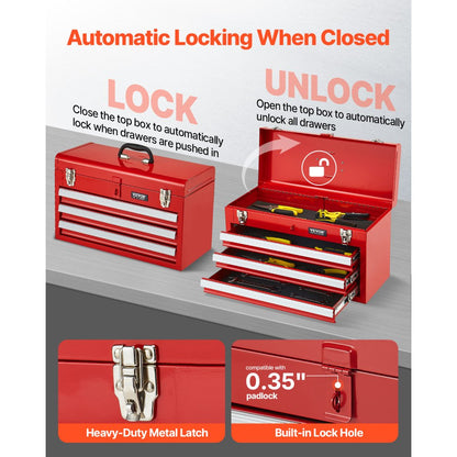 20.5 inch portable tool box 3 drawer red open