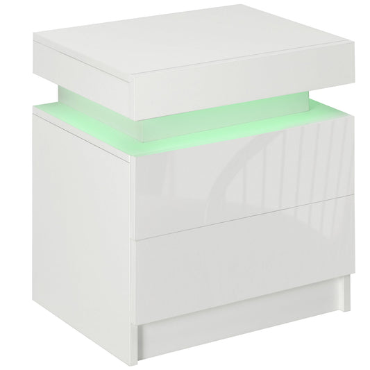 Bedside Table with Built-in RGB LED Light with 2 Drawers, 4 Light Modes and 16 Colors, Chipboard, 45x35x52cm, White
