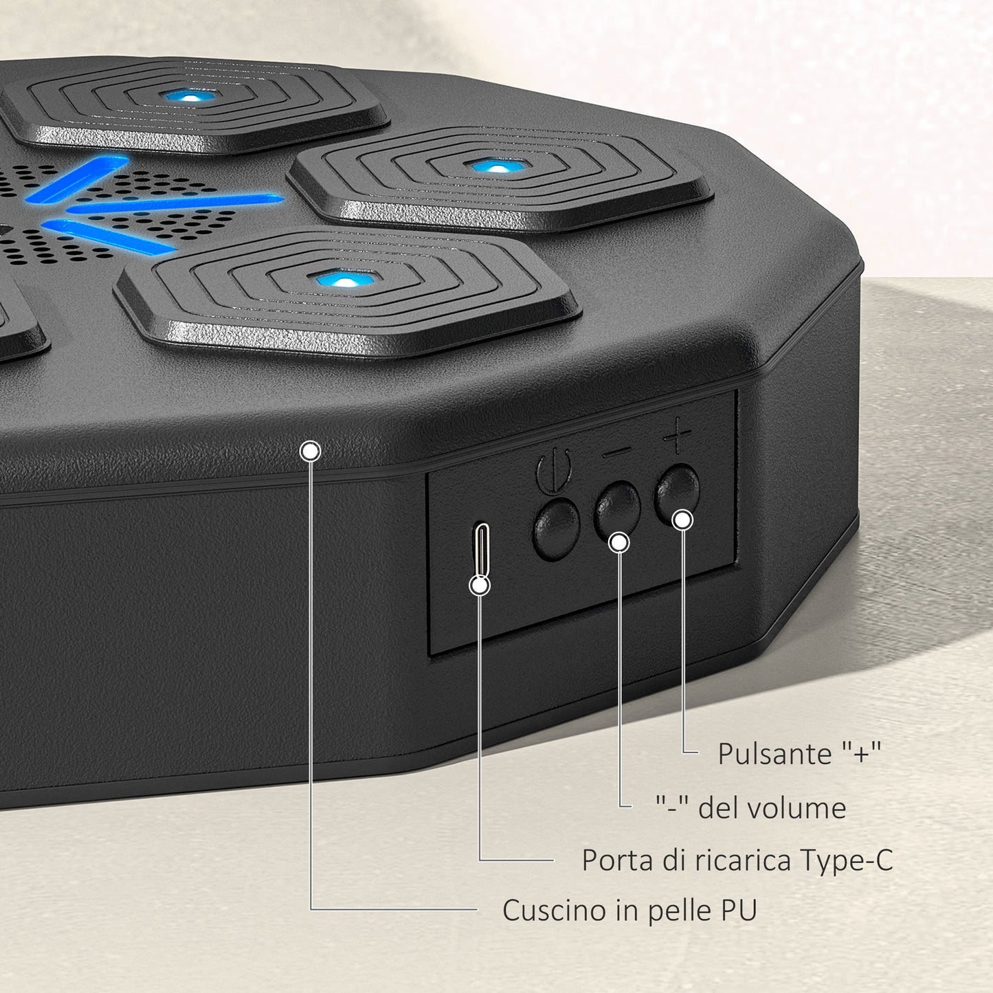 Wall-Mounted Musical Boxing Machine with Bluetooth Connection and Blue Lights, 40x40 cm, Black