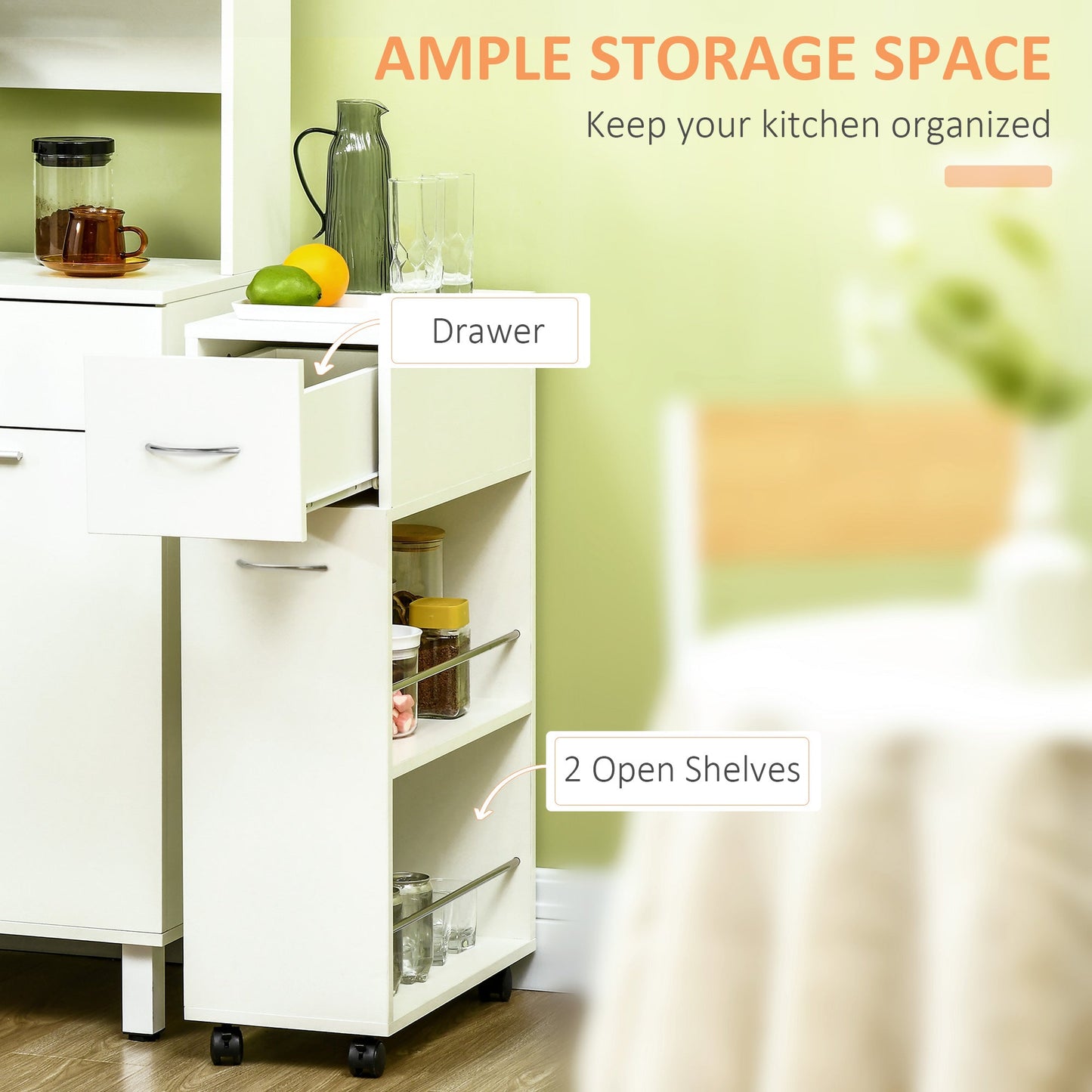 Kitchen Trolley in Chipboard and Stainless Steel with 2 Open Shelves, Pull-Out Drawer and Rails, 25x50x85 cm