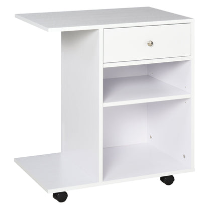 Wooden Printer Cabinet with 4 Wheels, Adjustable Shelf and CPU Tray, White