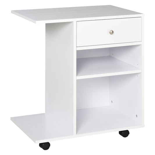 Wooden Printer Cabinet with 4 Wheels, Adjustable Shelf and CPU Tray, White