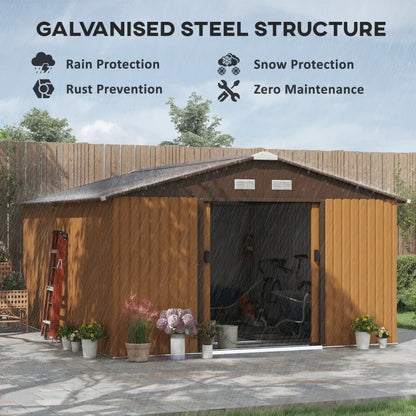 Garden Shed with 2 Sliding Doors and 4 Vents in Steel, 340x386x200cm, Yellow