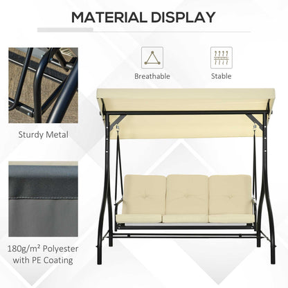 3 Seater Garden Swing with Adjustable Canopy, Metal and Teslin Fabric, Beige and Black