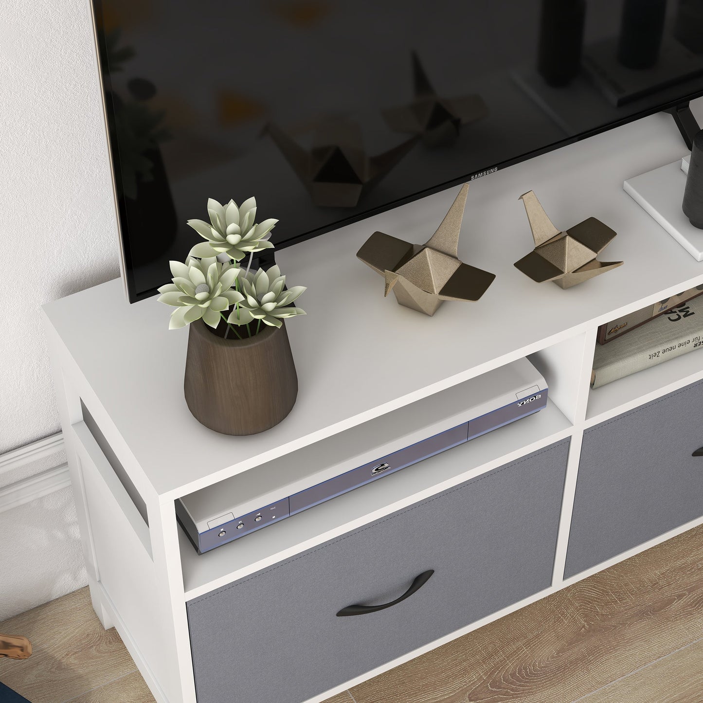 45" max TV Stand in MDF and Non-Woven Fabric with 2 Drawers and 2 Shelves, 100x30x53 cm, White and Grey