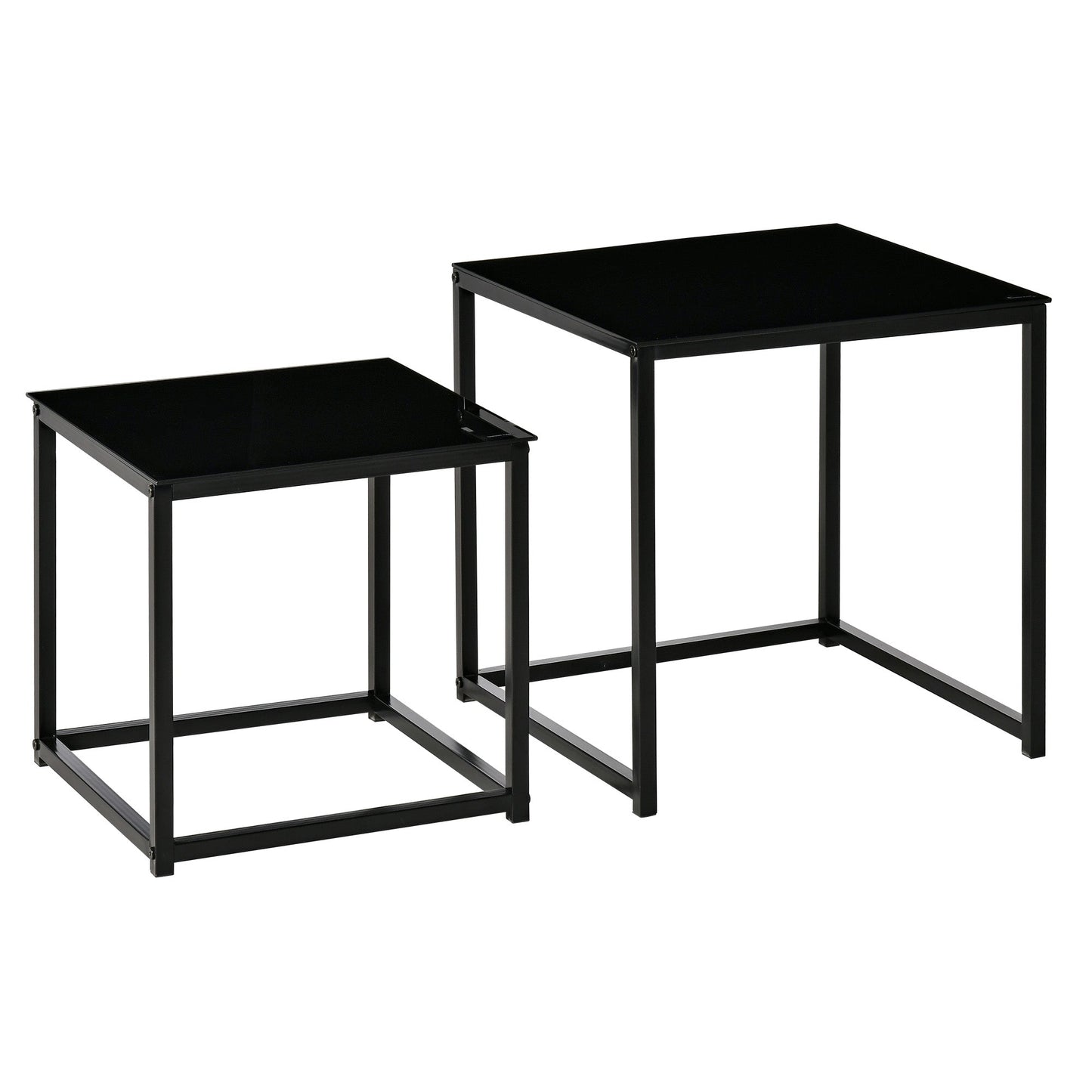 Set of 2 Modern Square Coffee Tables, in Steel and Tempered Glass, Black