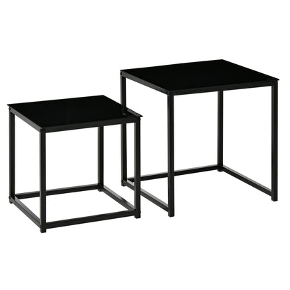 Set of 2 Modern Square Coffee Tables, in Steel and Tempered Glass, Black