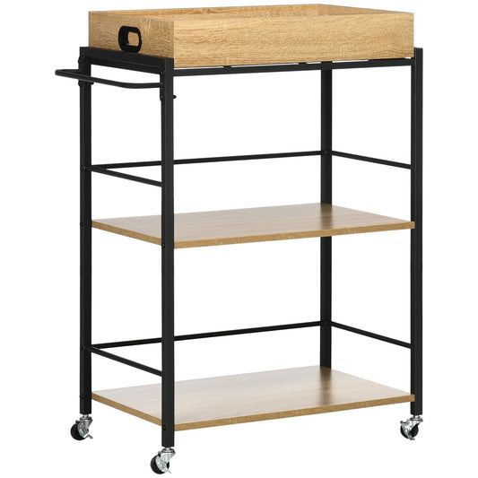 3-Tier Kitchen Cart with Removable Tray and Swivel Wheels, 72x40x94cm, Wood and Black