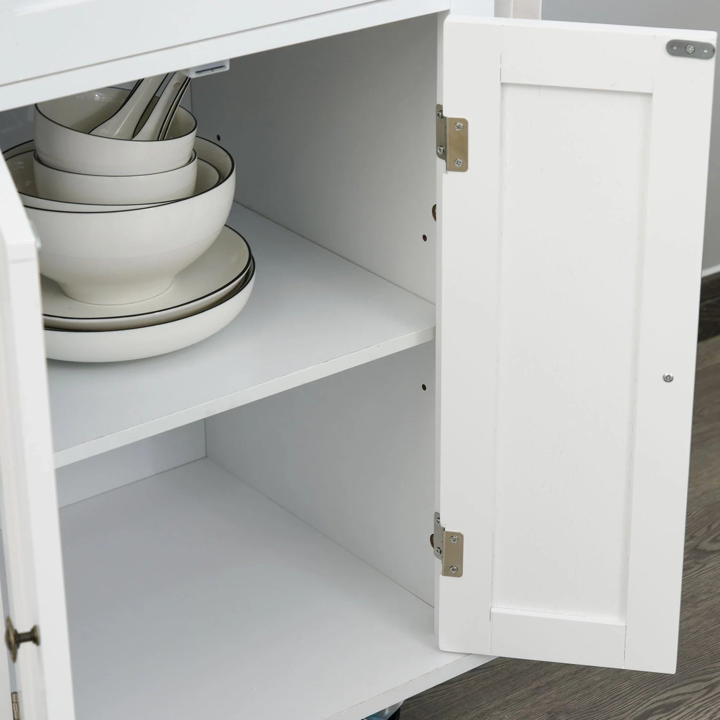 Kitchen Trolley with 2 Drawers and 2 Cabinets, Kitchen Island with Wooden Top, Spice Rack and Tea Towel Holder, White