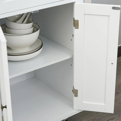 Kitchen Trolley with 2 Drawers and 2 Cabinets, Kitchen Island with Wooden Top, Spice Rack and Tea Towel Holder, White