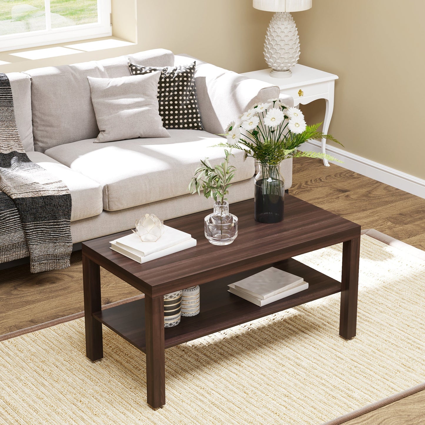 Classic Rectangular Coffee Table with Wooden Storage Shelf 90×45×44.5cm