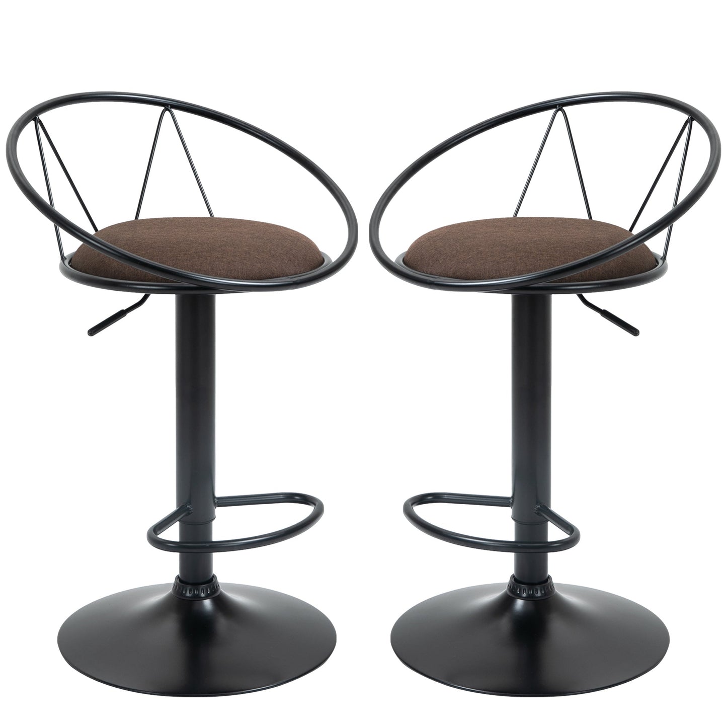 Set of 2 Swivel Bar Stools with Metal Backrest and Footrest, Adjustable Height and Padded Seat for Living Room and Kitchen, Brown 51x46x78-100cm