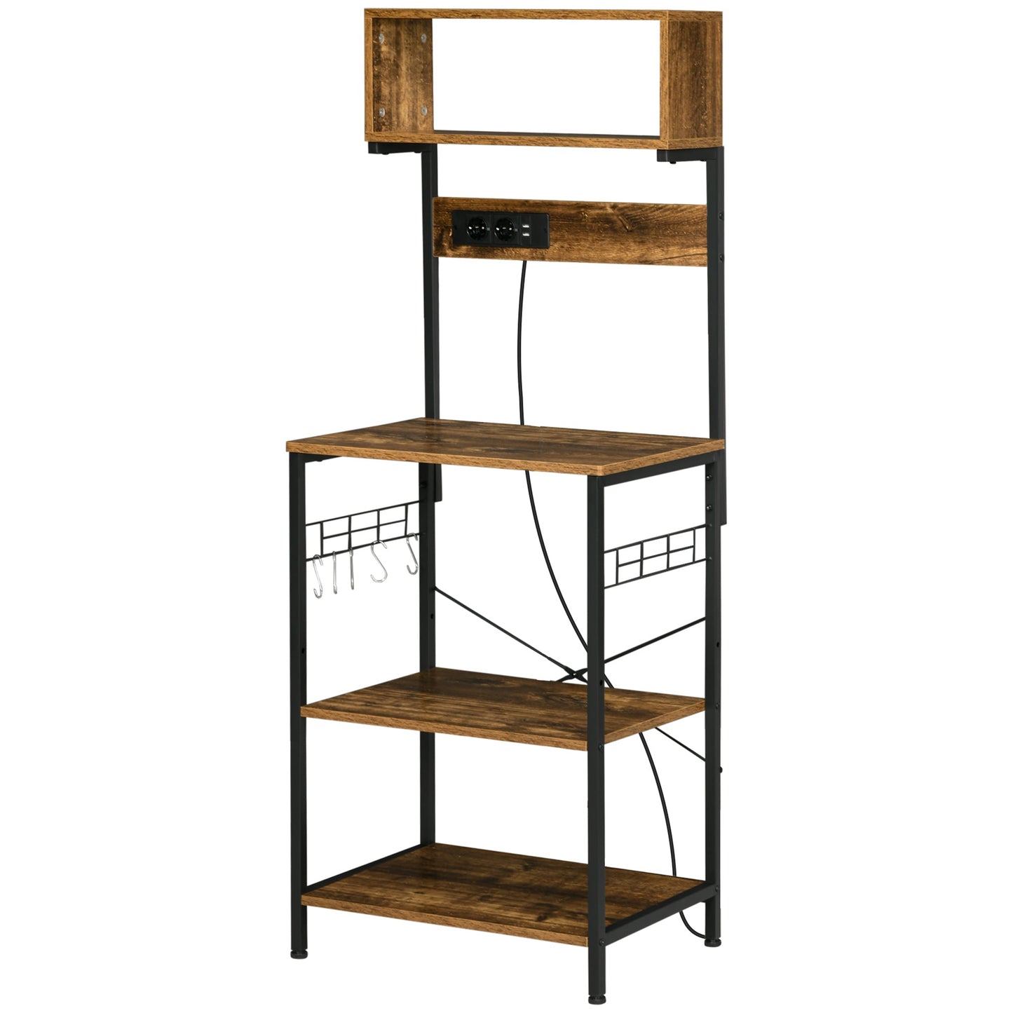 Kitchen Shelf with Power Socket, Shelves and Hooks Industrial Style, 60x42x153cm, Brown