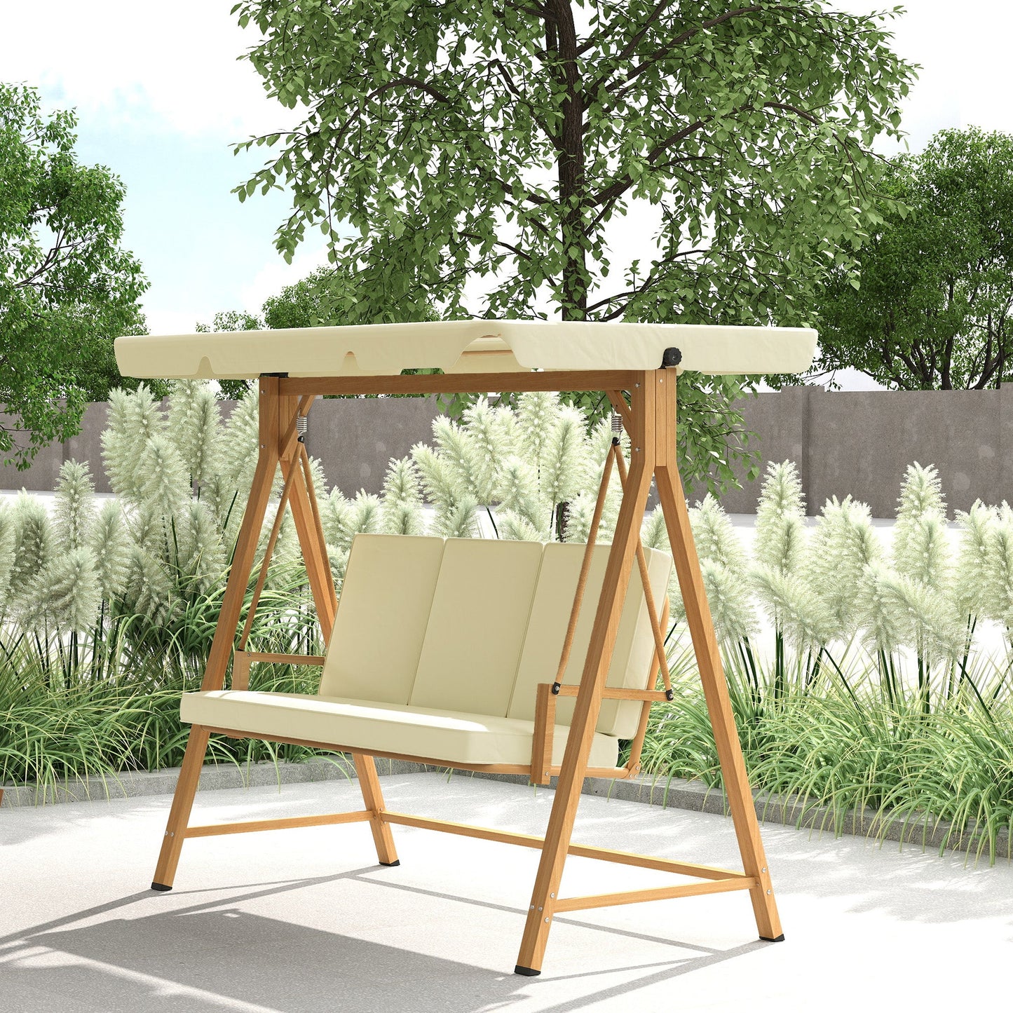 3 Seater Garden Swing with Adjustable Canopy and Cushions, 195x120x170 cm, Beige