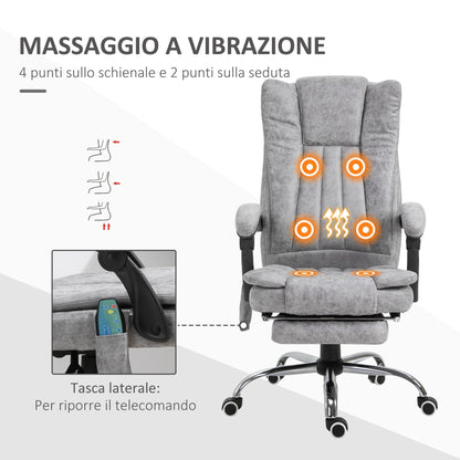 Height-Adjustable Heating and Massaging Office Chair, Armchair with Footrest, Ergonomic Microfiber Chair, 62x70x113-120 cm, Grey