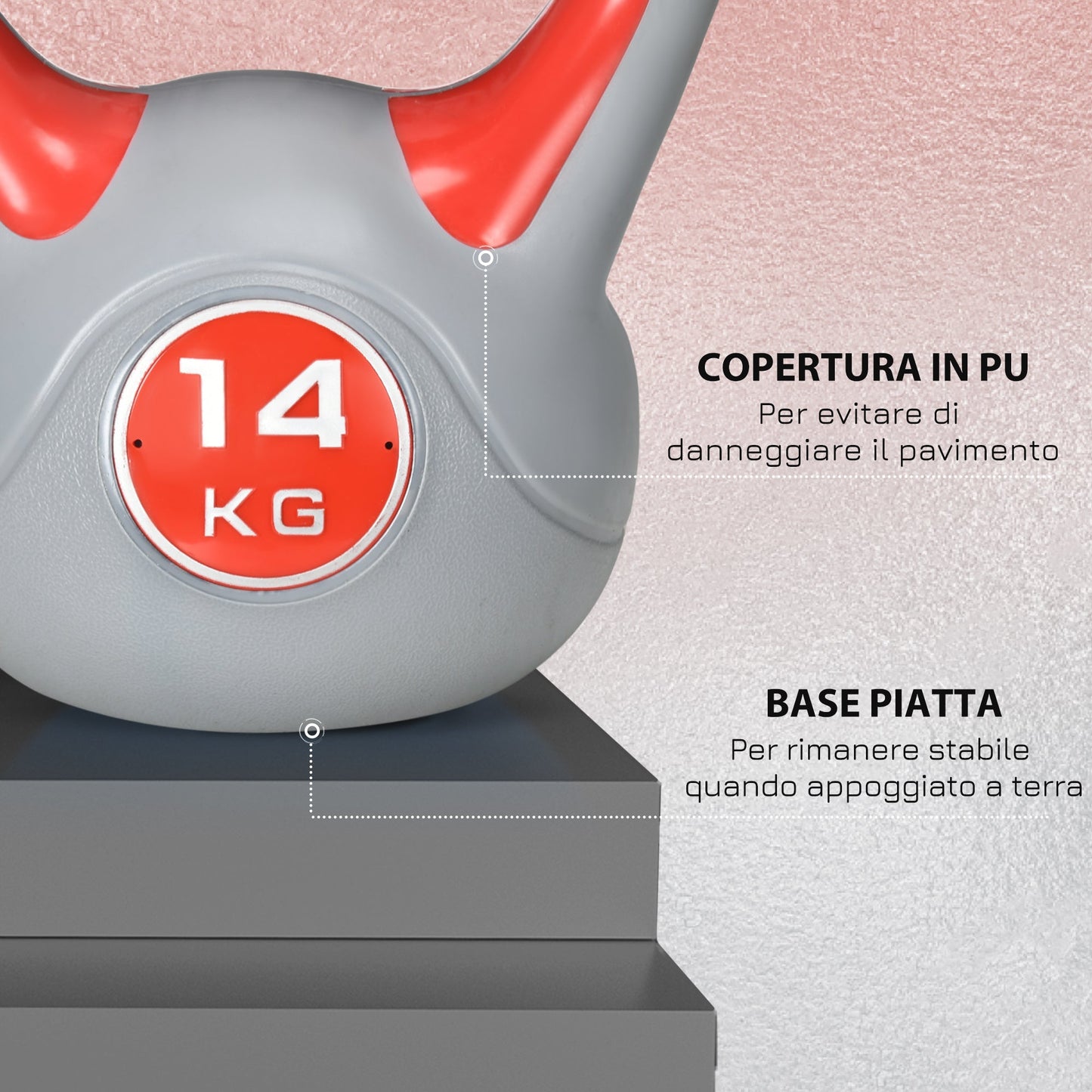 Kettlebell 14kg in PU and Sand with Flat Base and Handle for Deadlifts, Squats and Lifts, 26x18x32 cm, Red