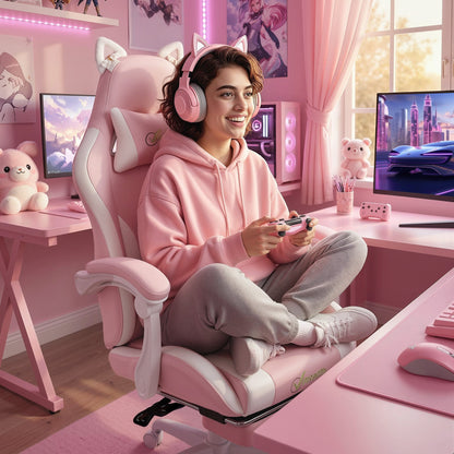 Gaming Chair Ergonomic Reclining Gaming Chair with Footrest Pink