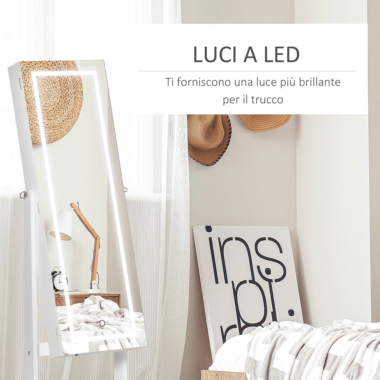 Freestanding Jewelry Mirror with LED Light, Adjustable Tilt and Lock, 46x36.5x151.5cm