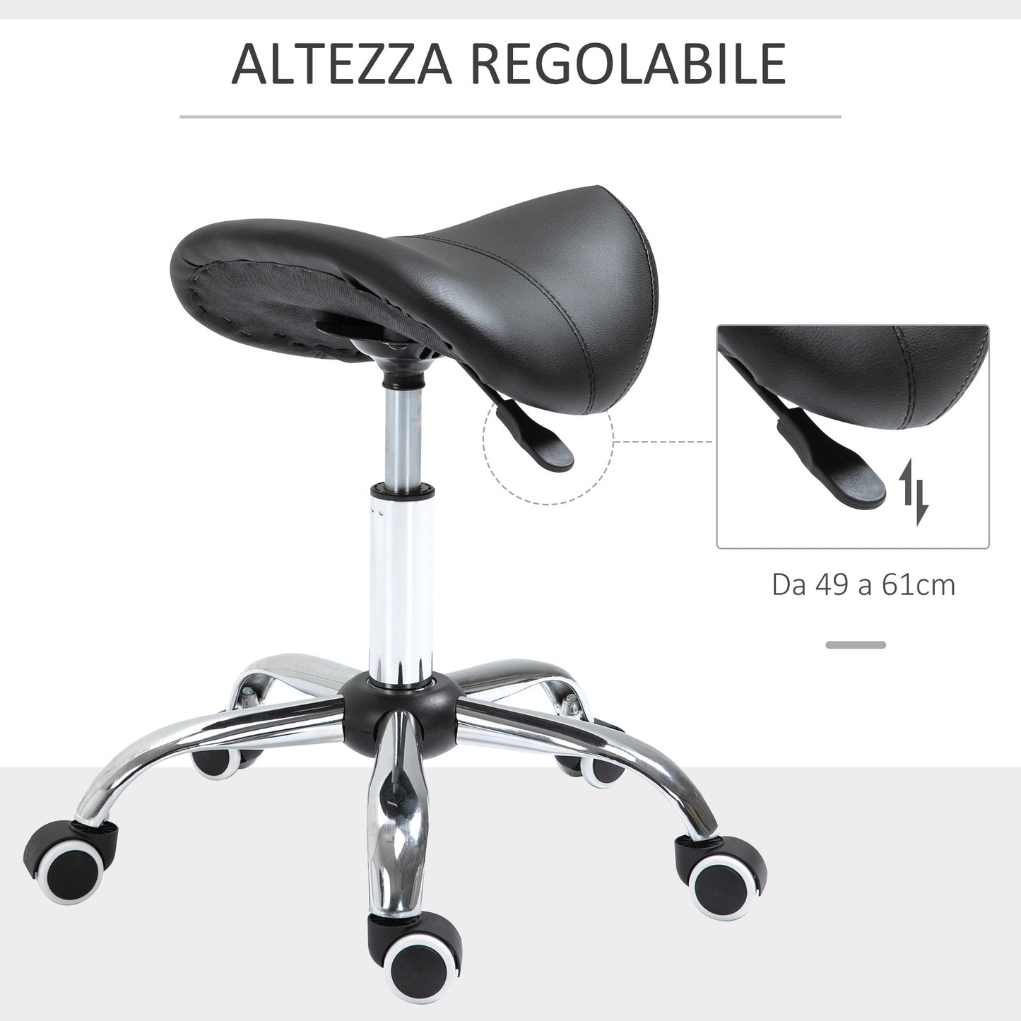 Saddle Work Stool with Wheels and Adjustable Height for Hairdressing and Tattoo Shops, 52x53x49-61cm Black