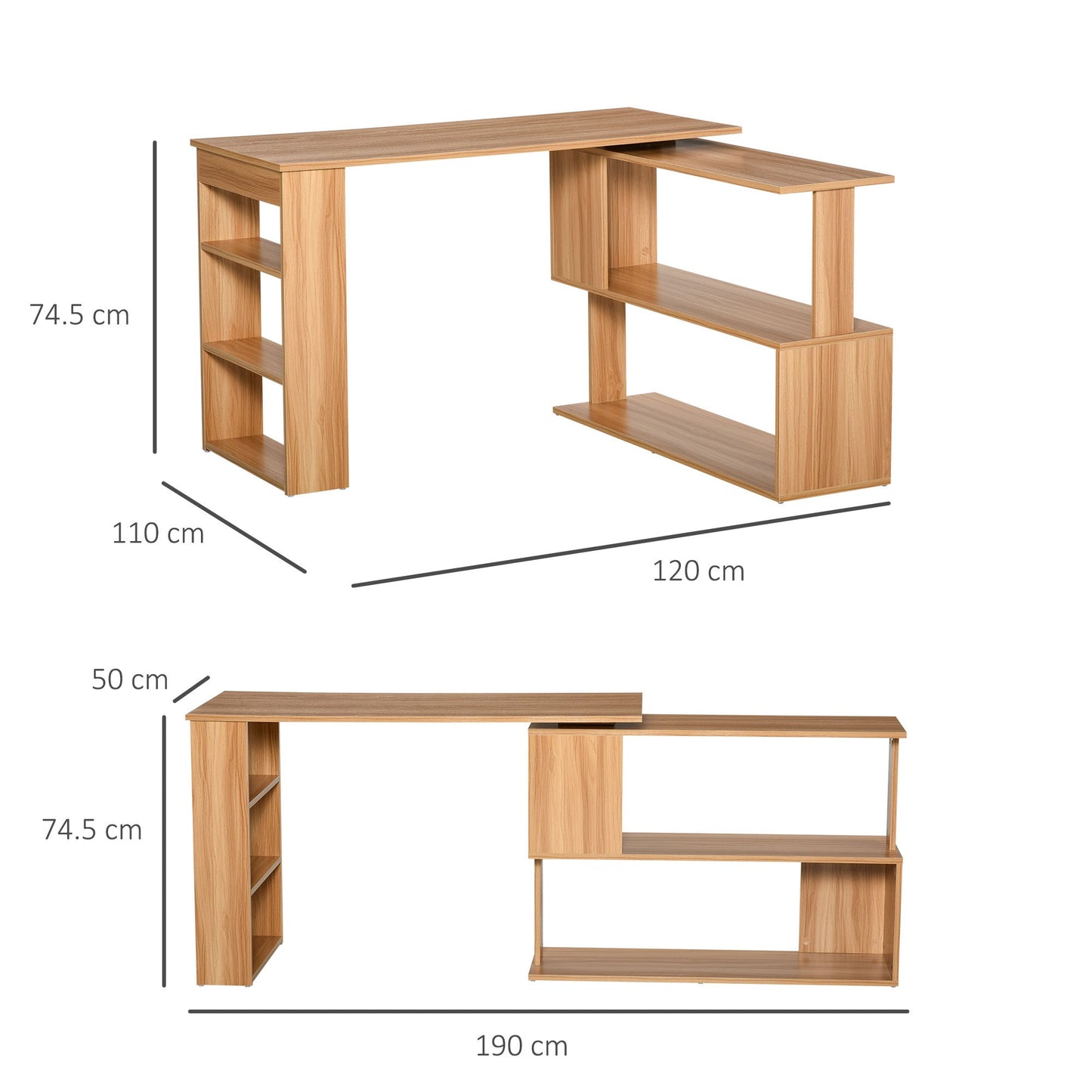 Multi -exposure angle desk with 5 shelves, wood, 120x110x74.5cm