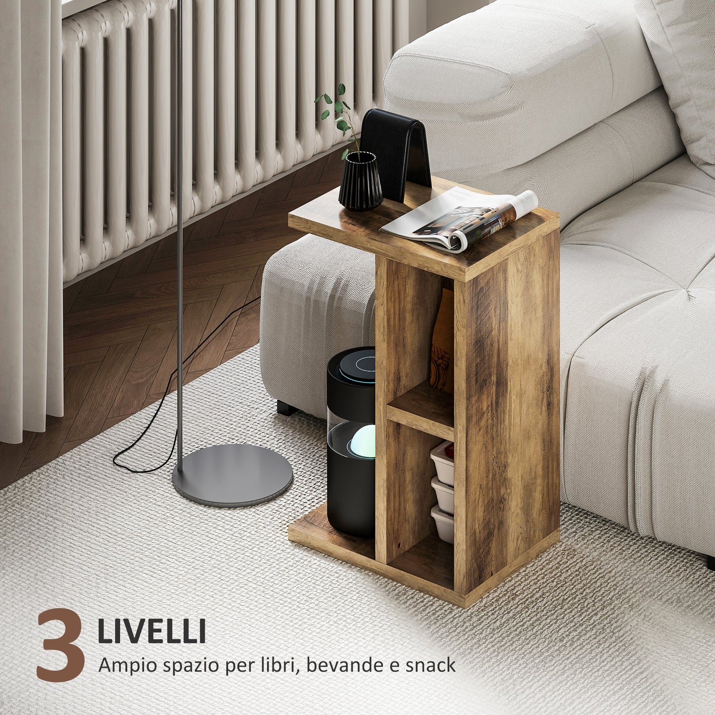 C-Shaped Coffee Table with 3 Shelves and 2 Open Compartments Space Saving, 40x30x60 cm, Brown