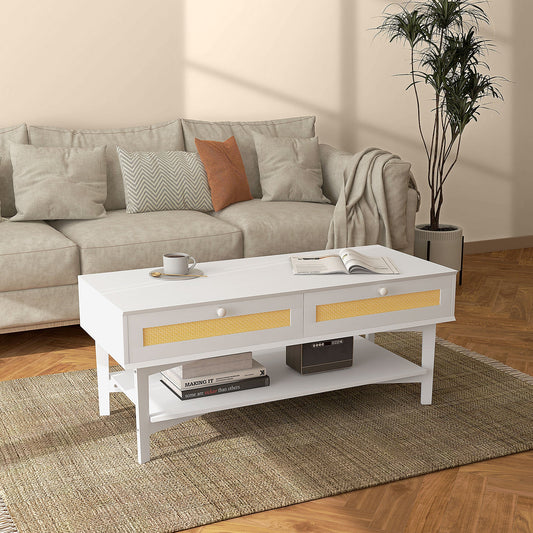 Boho Coffee Table with 2 Drawers and Shelf, Rattan and Chipboard, 120x50x50 cm, White and Wood Color