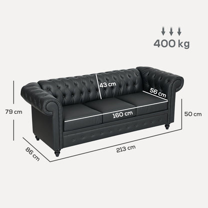 3-Seater Chesterfield Style Sofa Quilted with Pocket Springs, Faux Leather, 213x86x79 cm, Black