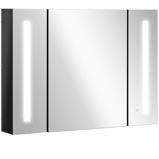 Wall Mounted MDF Bathroom Mirror Cabinet with 3 Cabinets, 3 Shelves and LED Light, 90x15x65 cm, Black