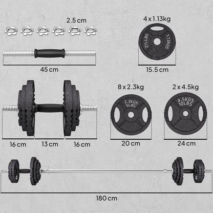 2-in-1 42 kg Gym Weights with 14 Discs, Barbell and Dumbbells, Steel, 180x24x24 cm, Black