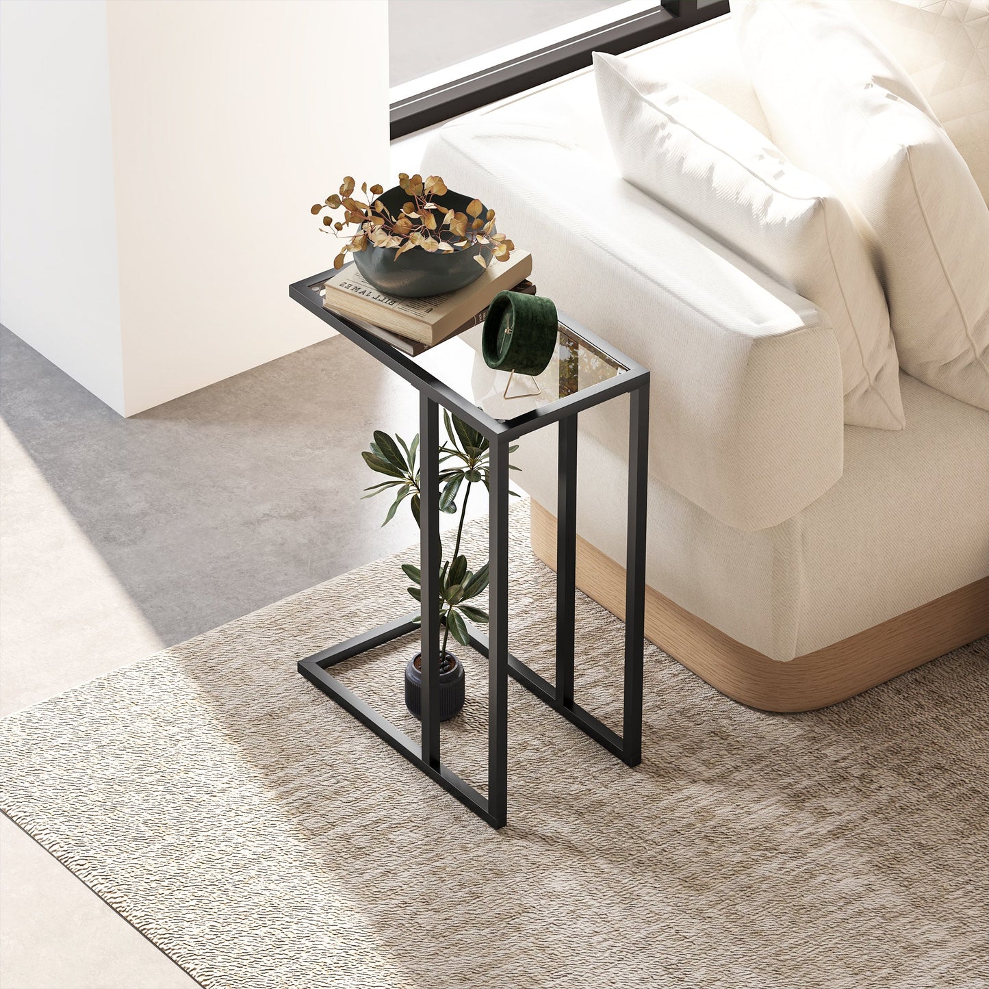 C-Shaped Glass and Steel Coffee Table, 46x25x63.5 cm, Black