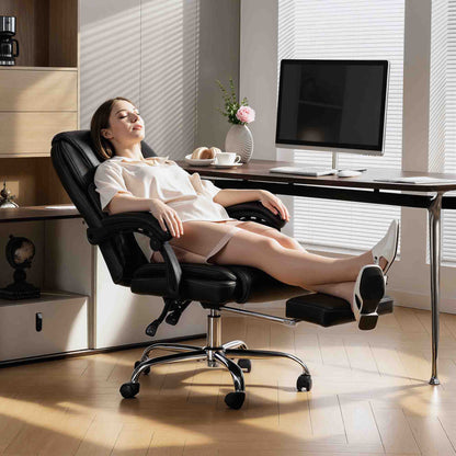 Reclining Office Chair with Pull-Out Footrest, PU Leather, 120 kg Capacity, Black