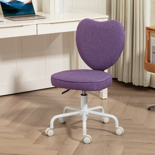 Heart-Shaped Desk Chair with 5 Wheels and Adjustable Height in Fabric, 40x50x79-89cm, Purple