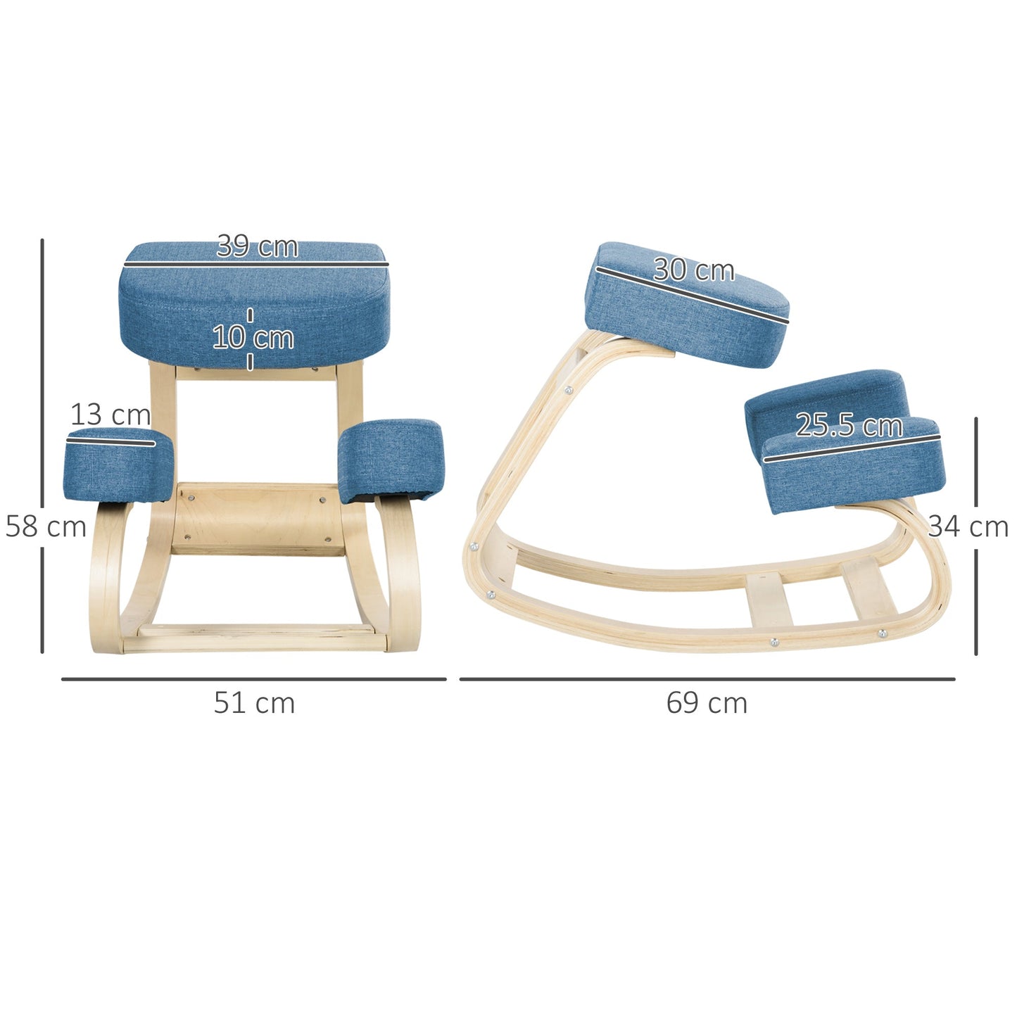 Ergonomic Chair with Kneeler in Birch Wood and Cushion, 51x69x58cm, Blue