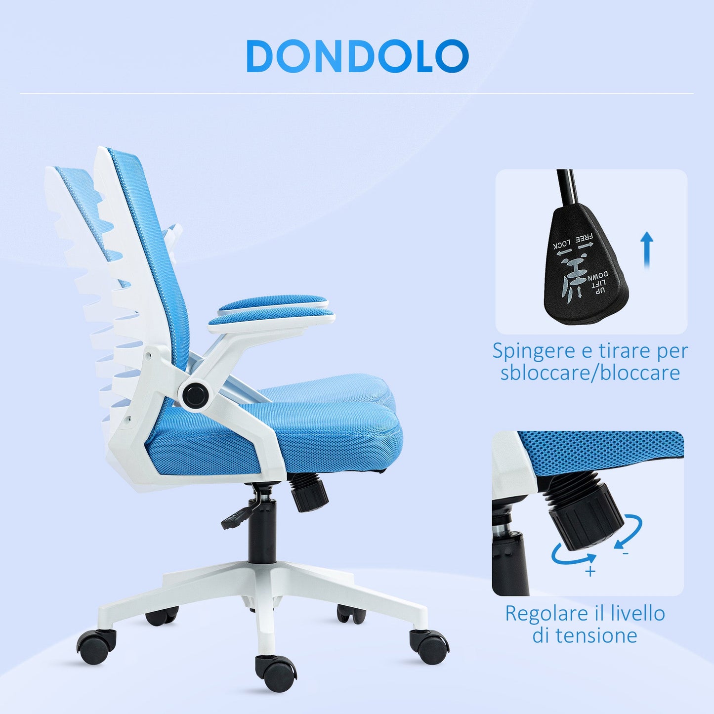 Ergonomic Swivel Chair with Adjustable Height and Armrests, 54x54x89-99 cm, White and Blue