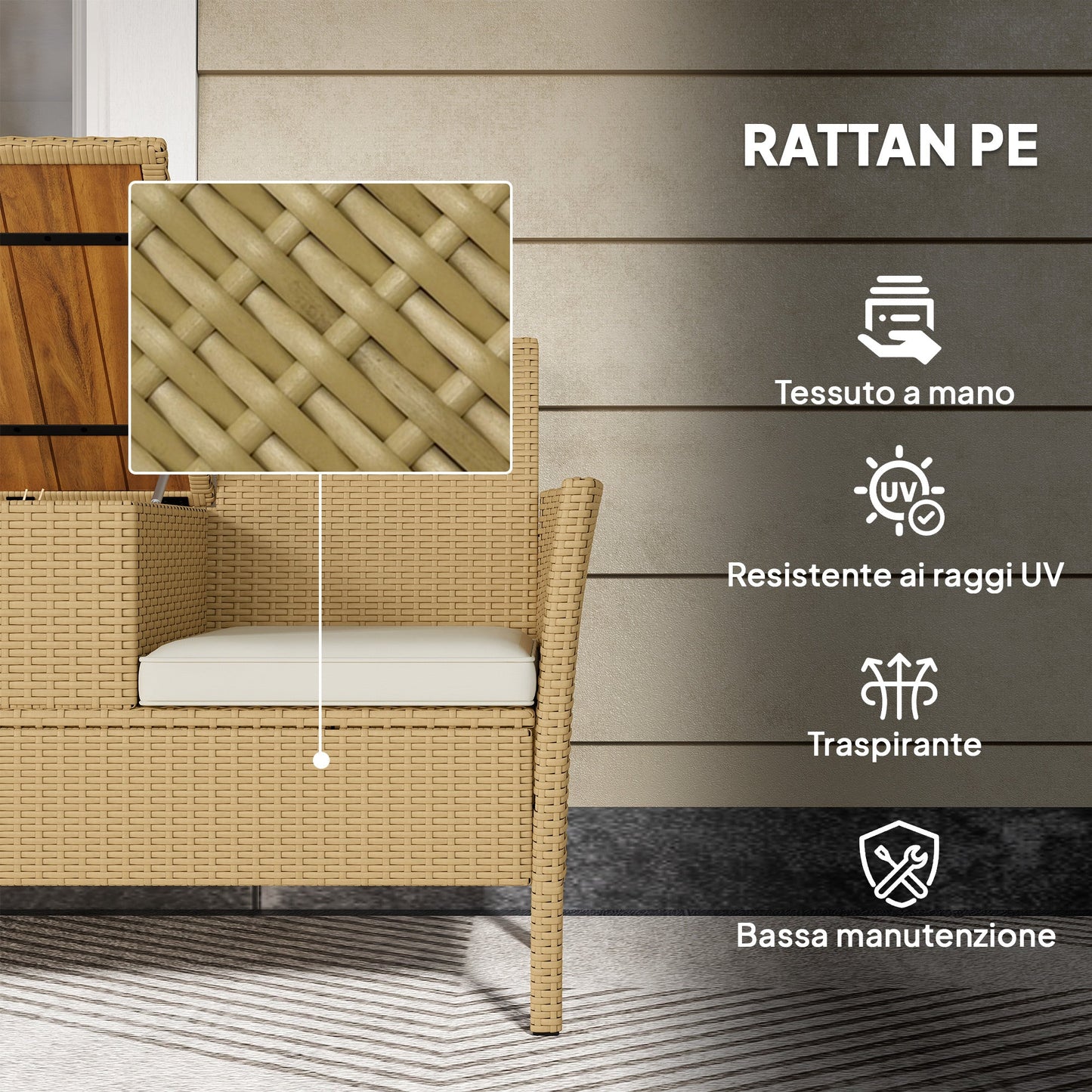 Garden Bench with Drop-Leaf Table Storage, in Rattan and Steel, 134x58x82 cm, Cream and Khaki