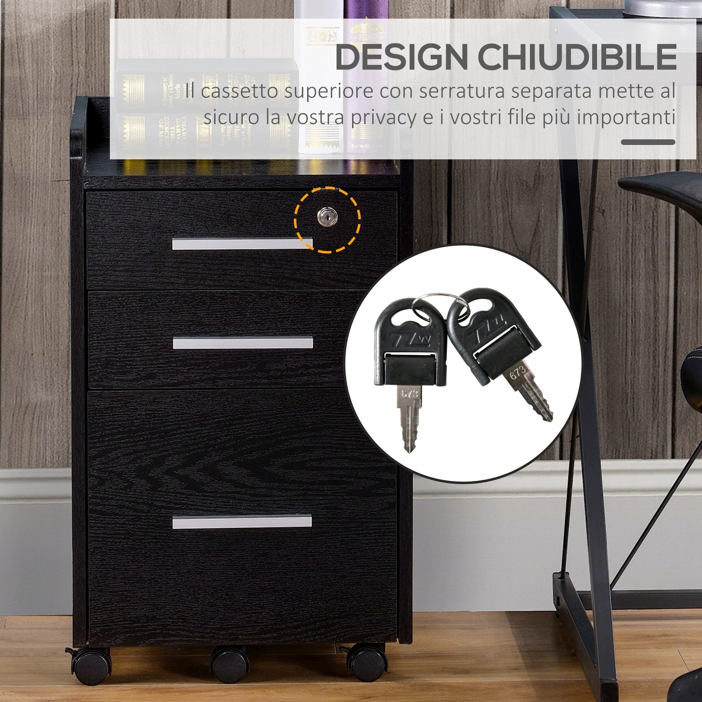 3-Drawer Wooden File Cabinet with Security Keys and 5 Wheels, 39.2 x 40 x 65.4 cm, Black