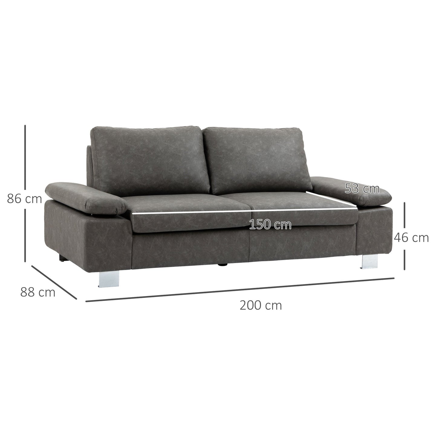 2 Seater Reclining Sofa with Adjustable Armrests, PU, Wood and Metal, 200x88x86 cm, Grey
