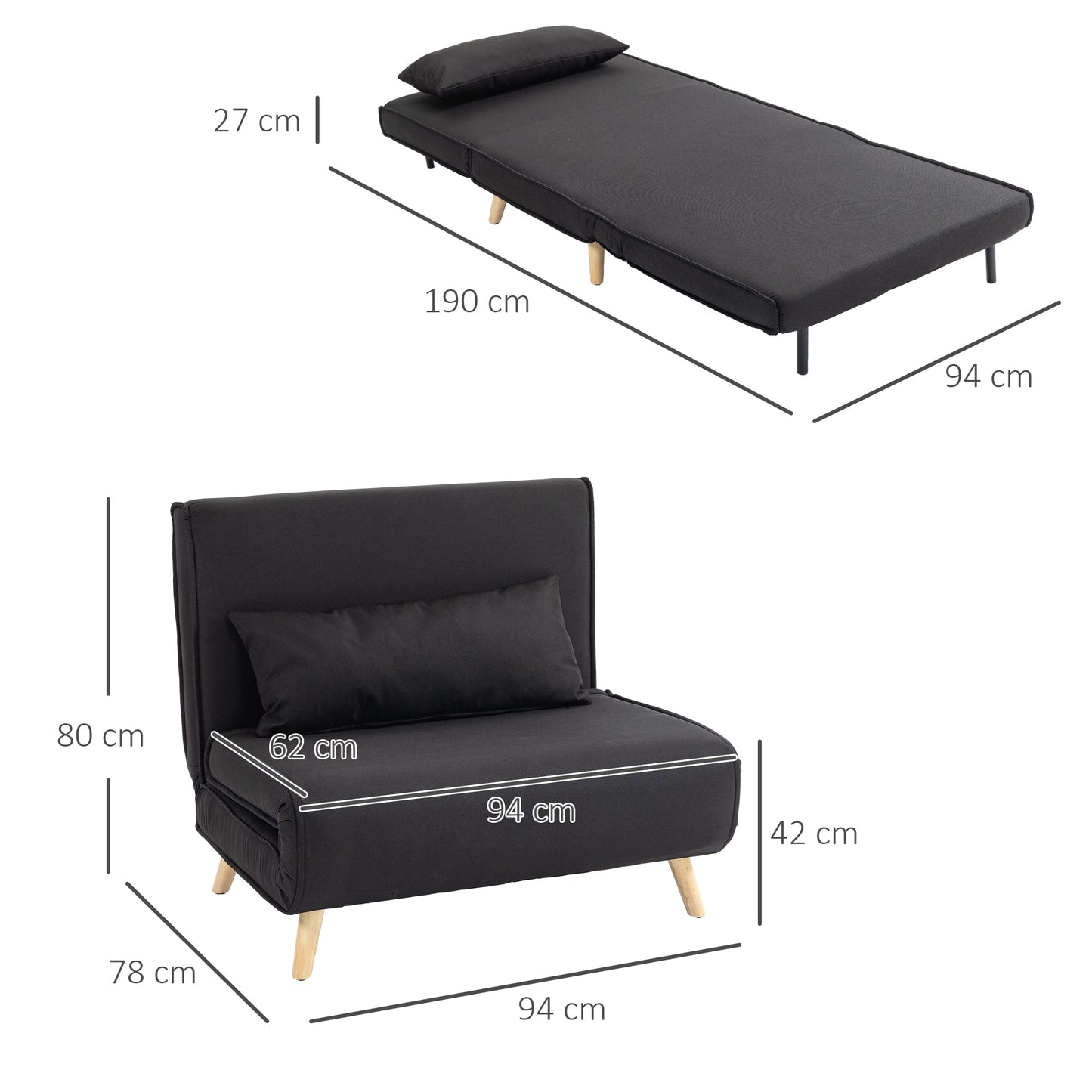3 in 1 armchair bed with reclining backrest in 6 positions in fabric, 94x78x80 cm, Black