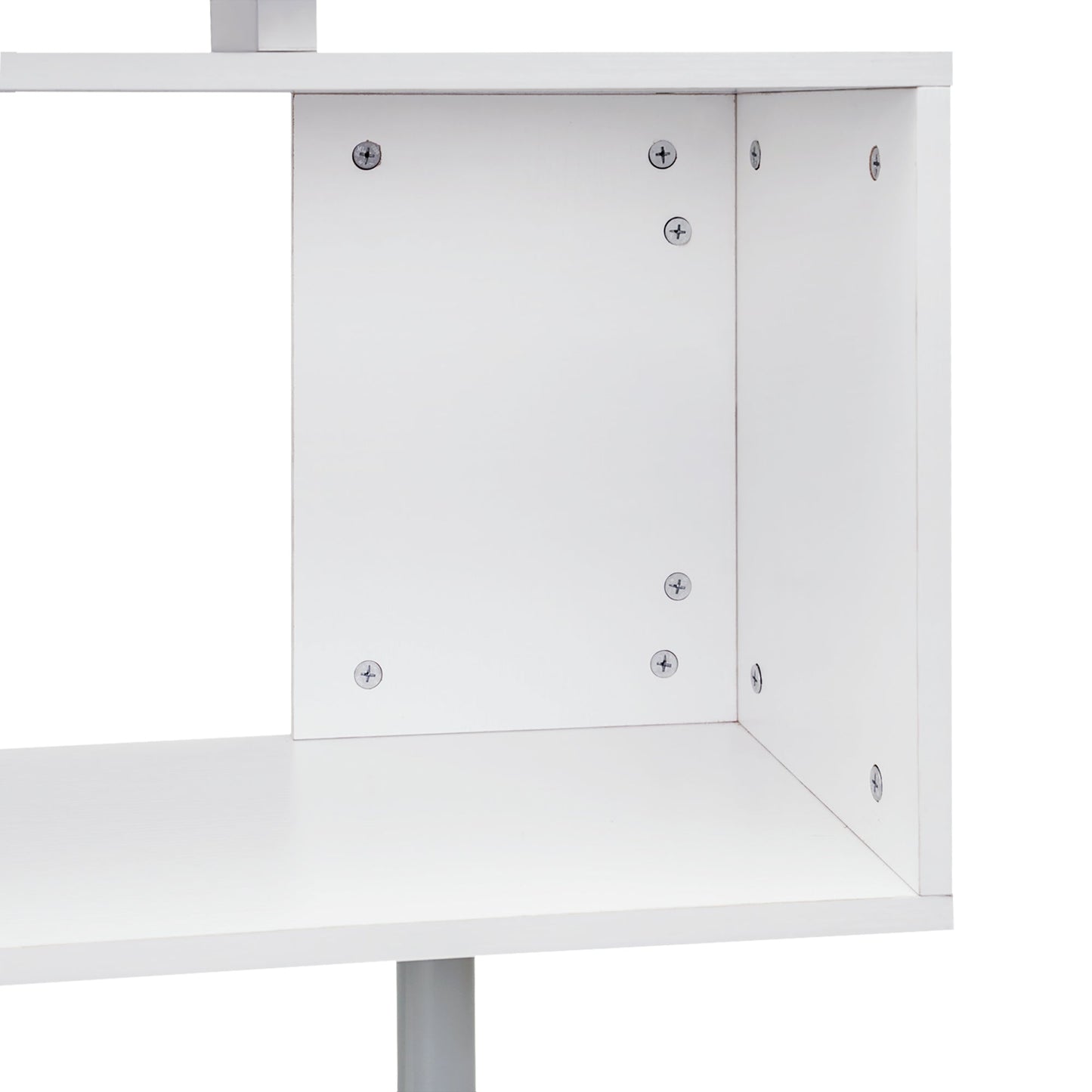 Modern Corner Swivel Desk with Bookcase, White Chipboard Dining Table, 140x120x78 cm