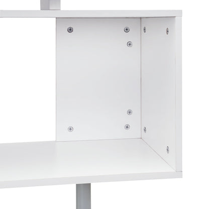 Modern Corner Swivel Desk with Bookcase, White Chipboard Dining Table, 140x120x78 cm