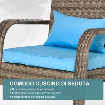Adironrack Garden Chair with Armrests, Rattan and Steel, 64x80x90 cm, Brown and Blue