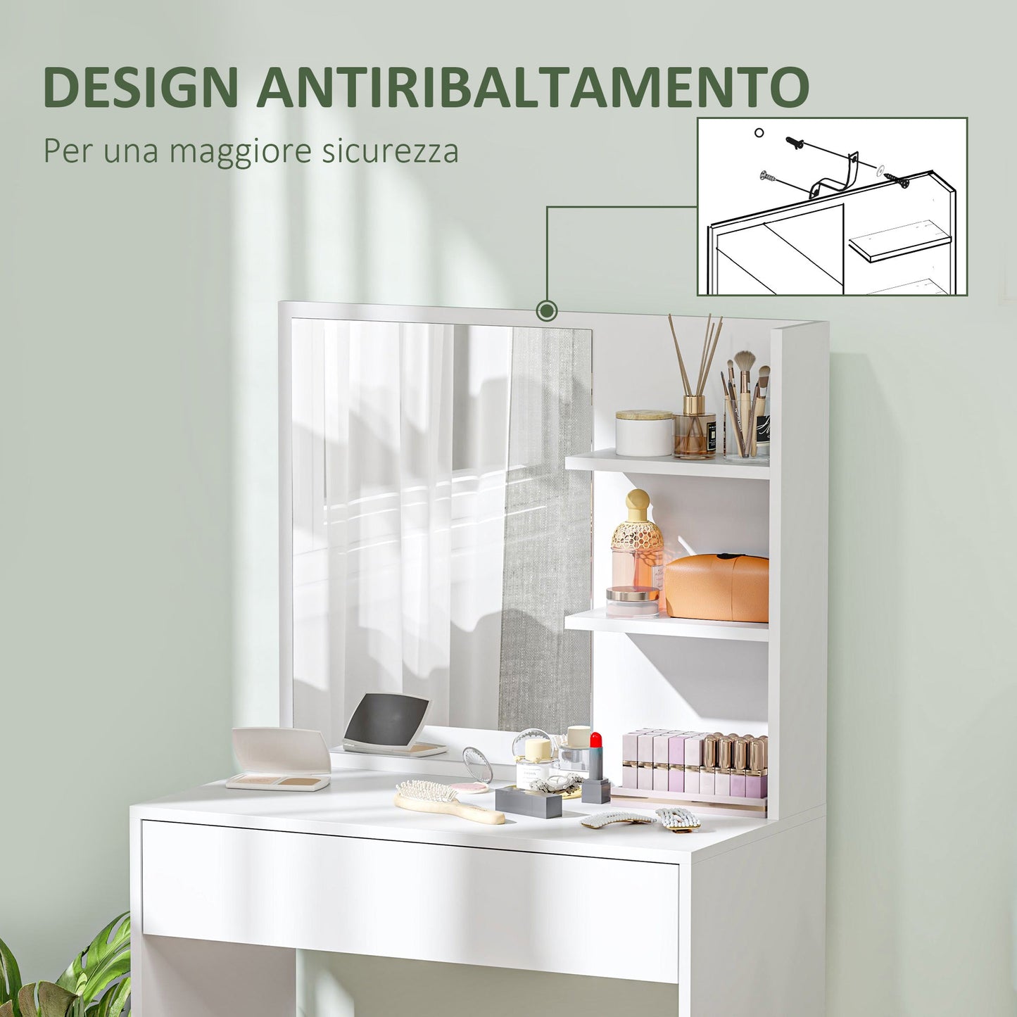 Dressing Table with Mirror, 3 Corner Shelves and Drawer, Wood and Glass, 75x40x137 cm, White