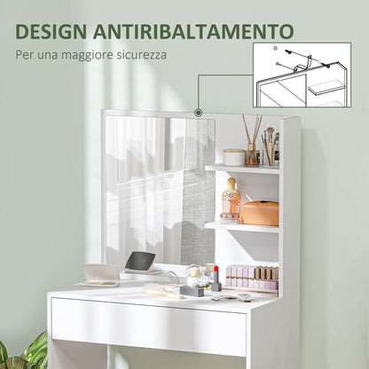 Dressing Table with Mirror, 3 Corner Shelves and Drawer, Wood and Glass, 75x40x137 cm, White