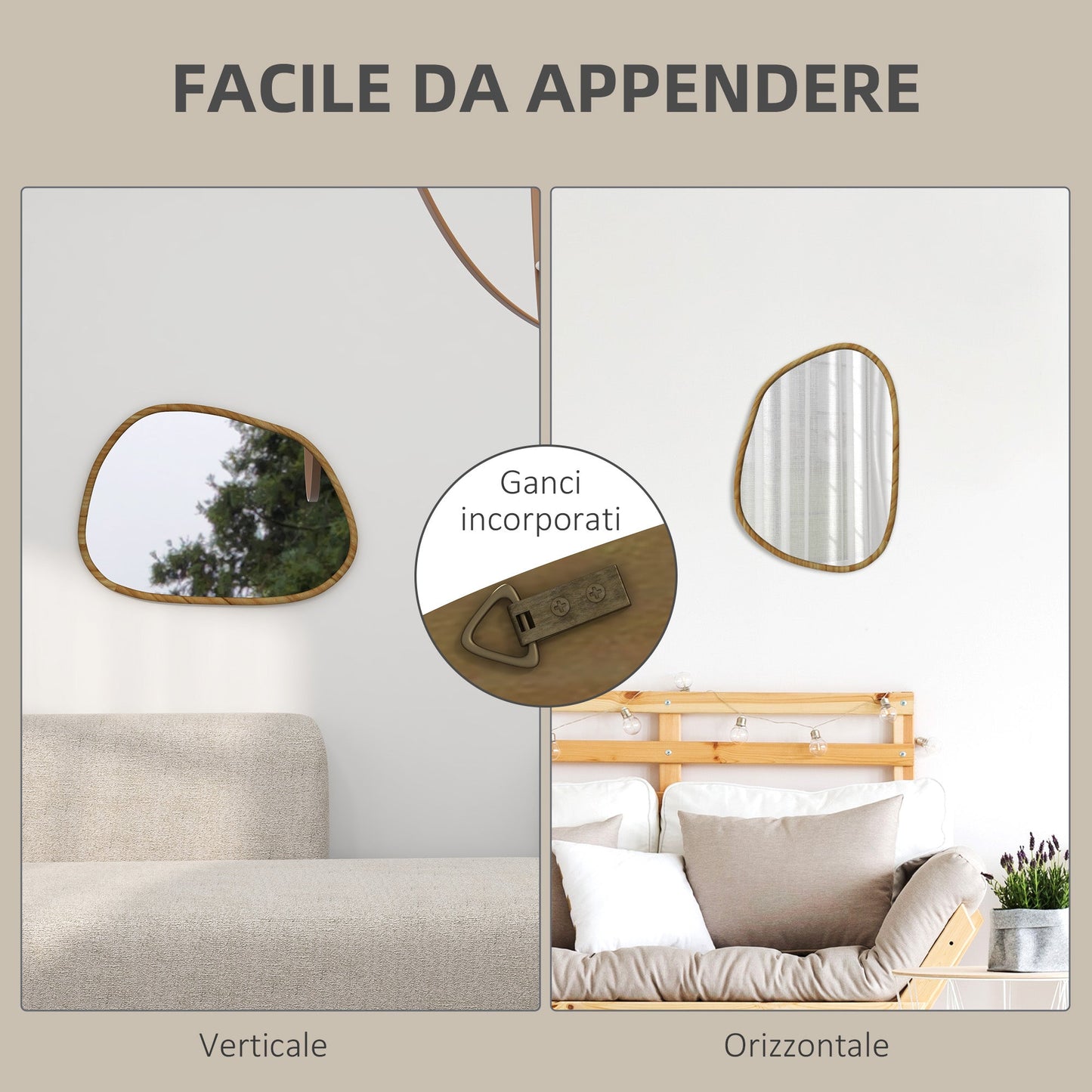 Modern Wall Mirror with Irregular Edges and Wooden Frame for Bedroom and Entrance, 80x60 cm