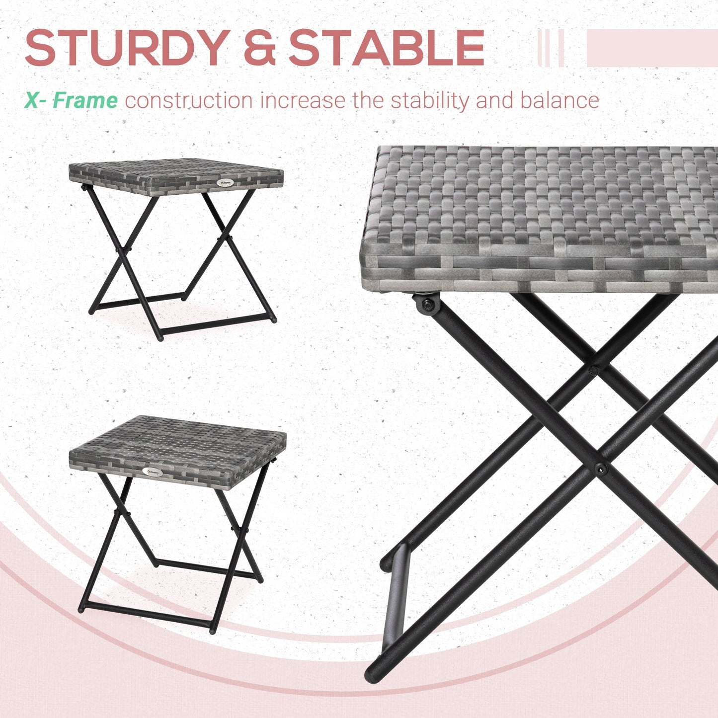 Space-Saving Folding Garden Table in Synthetic Rattan and Steel, 40x40x40cm, Grey