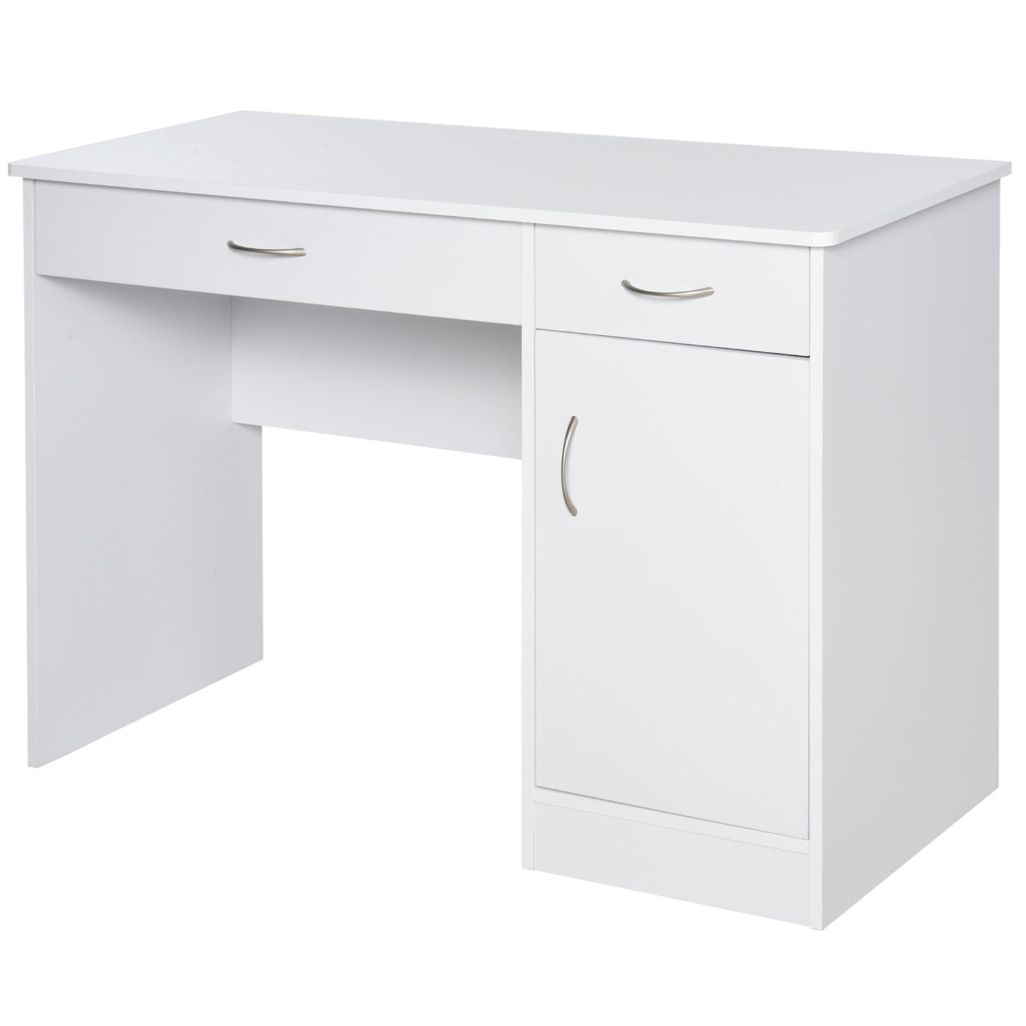 Modern Computer Desk with 2 Drawers and 1 Cabinet, Space-Saving Bookshelf for Office or Bedroom, Wooden, White