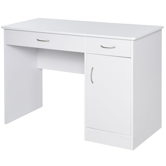 Modern Computer Desk with 2 Drawers and 1 Cabinet, Space-Saving Bookshelf for Office or Bedroom, Wooden, White