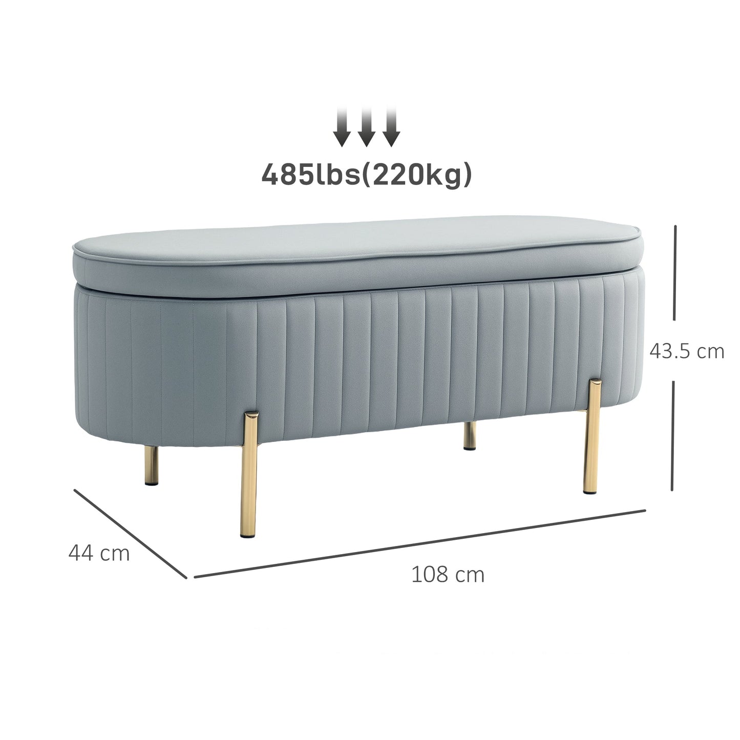 72L Oval Storage Bench with Lift-Top Lid, Velvet Fabric and Wood, 108x44x43.5 cm, Grey