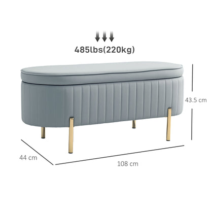 72L Oval Storage Bench with Lift-Top Lid, Velvet Fabric and Wood, 108x44x43.5 cm, Grey