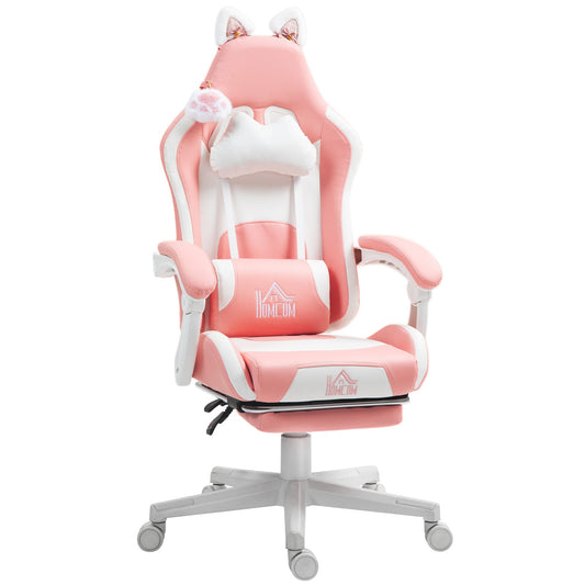 Ergonomic Cat Ear Gaming Chair with Footrest, Lumbar and Neck Support, Pink